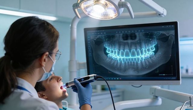 Dentist performing intraoral 3d scan with ai-assisted panoramic dental radiography