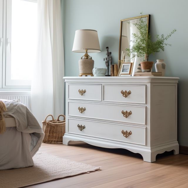 Vintage style white chest of drawers in sunlit classic room, created using generative ai technology. Bedroom furniture, design and interior decoration concept digitally generated image.