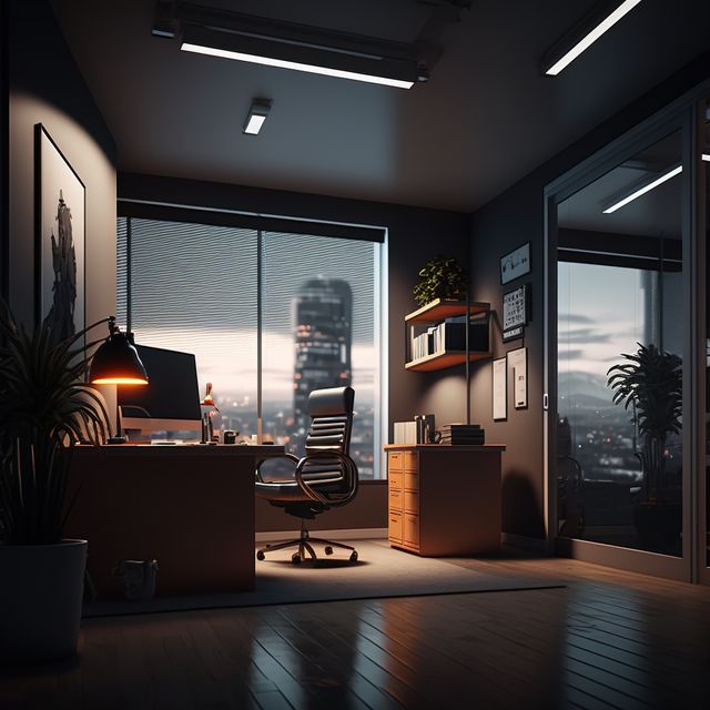 Modern office interior with desk, computer at night, created using generative ai technology. Office interior and business concept digitally generated image.