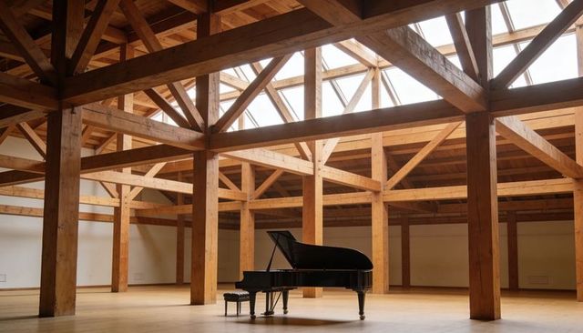 Sunlit black grand piano in minimal timber hall with exposed beams and skylights