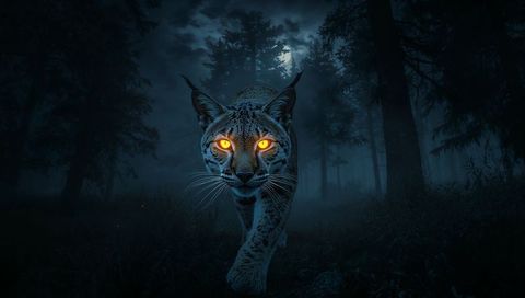 Prowling eurasian lynx with glowing amber eyes in moonlit misty forest