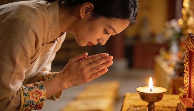 Bowing woman praying at altar with embroidered sleeve and burning oil lamp