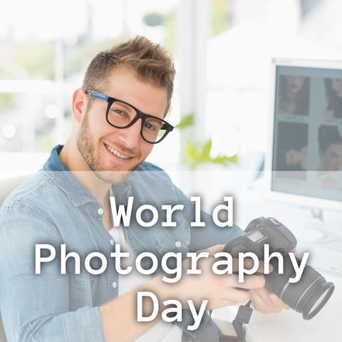 happy photographer celebrating world photography day - Download Free Stock Templates Pikwizard.com