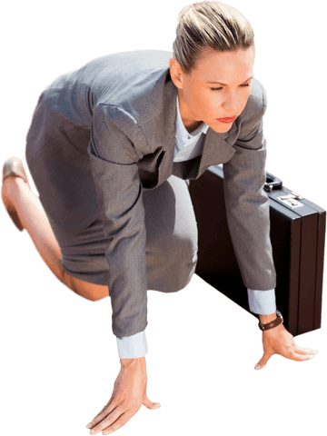 Caucasian businesswoman kneeling with briefcase transparent background