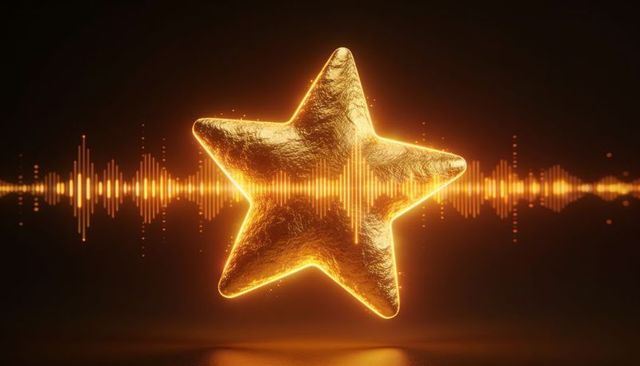 Glowing gold star with audio waveform visualizer hovering on dark background