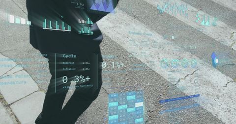 Financial Data Display Over Person Crossing Street