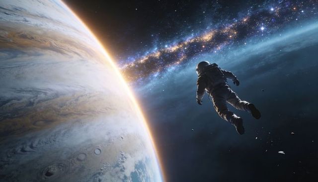 Astronaut floating in deep space over gas giant limb with milky way galaxy backdrop
