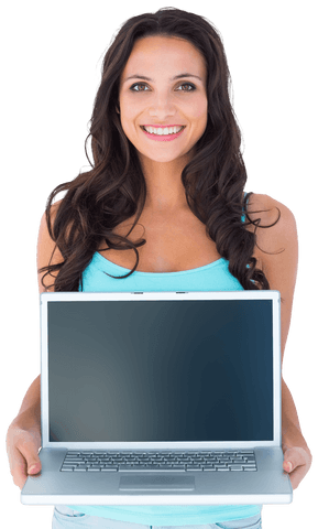 Smiling Woman Holding Laptop with Transparent Screen