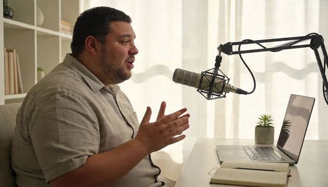 Male podcaster recording from home studio gesturing while speaking into condenser mic