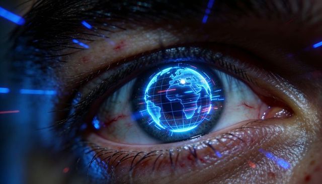 Close-up human eye reflecting holographic glowing digital globe with neon blue data lines