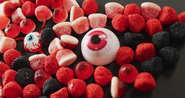 Various Halloween-themed candies are arranged neatly on a black background. The assortment includes black and red gummies, eyeball sweets, and various other vibrant sweets that fit the spooky theme. Ideal for use in Halloween promotions, party décor ideas, candy advertisements, and social media posts related to festive celebrations.