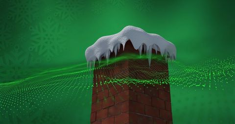 Chimney covered in snow with digital green wave, christmas magic