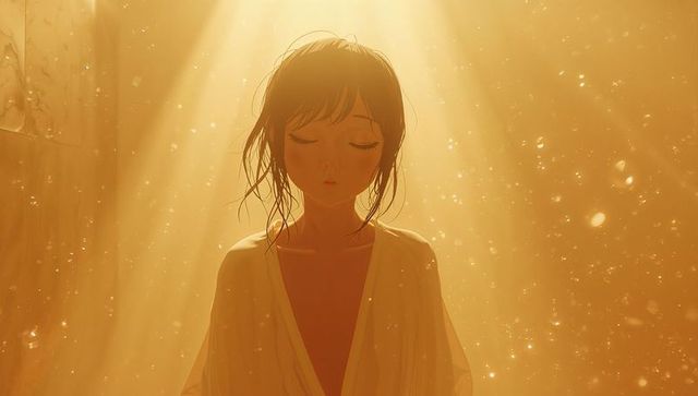 Standing woman meditating under golden skylight wearing loose robe amid floating dust halo