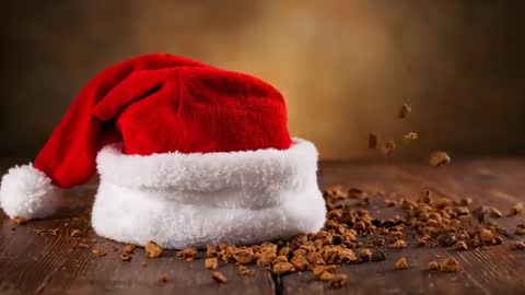 Santa hat resting while cookie crumbs falling and scattering across rustic wooden table
