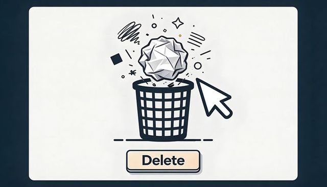 Cursor clicking delete button, crumpled paper falling into mesh trash bin