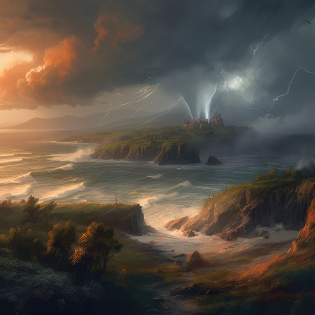 Stormy sky over castle on rocky and green island in sea, created using generative ai technology. Fairy tale, dream, mythology and historical fantasy concept digitally generated image.