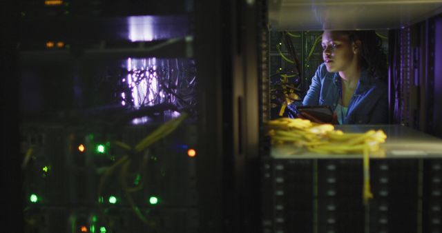 This image shows a network engineer working inside a data center, amidst servers and networking cables. The engineer appears focused and engrossed in the technical work. This can be useful for illustrating concepts related to IT, technology jobs, network maintenance, data centers, and cybersecurity.