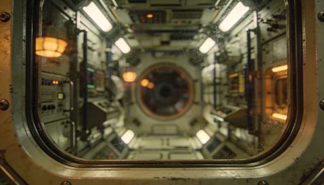 Framing porthole with scratched glass into orbital module corridor with orange hatch rim