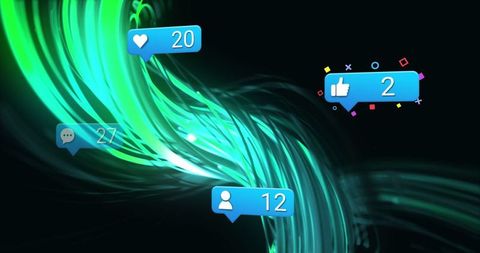 Social media reactions floating on abstract swirling lines