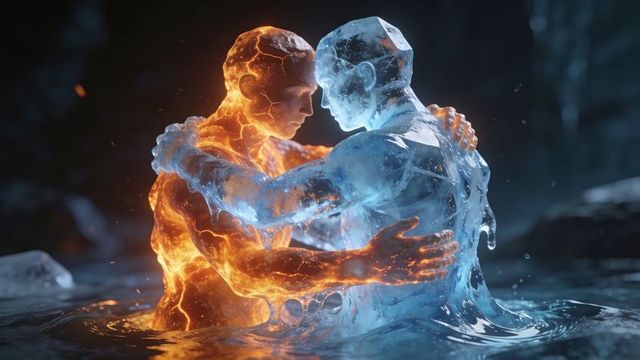 Elemental figures embracing molten fire and crystalline ice in cavern pool, radiant contrast