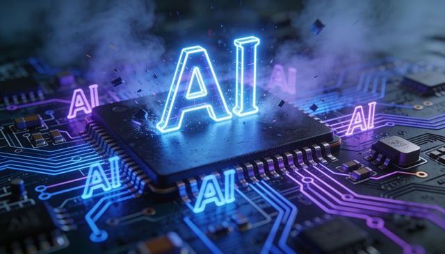 Neon ai chip emitting hologram above microprocessor on circuit board with futuristic smoke