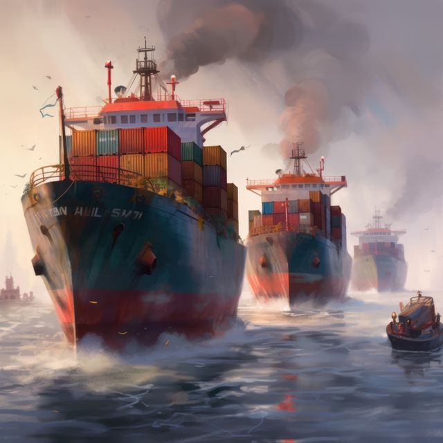Three cargo boats loaded with cargo boxes sailing at sea, created using generative ai technology. Ships, cargo and sea transport concept digitally generated image.
