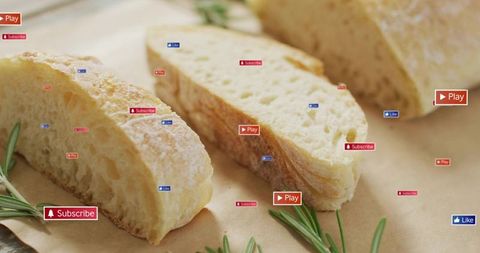 Showing crusty artisan bread slices revealing open crumb, rosemary, social icons overlay