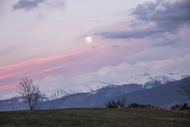 Picture shows tranquil twilight over mountains with full moon rising, casting serene light over snowy peaks and pink sky. Tree silhouettes add depth to peaceful, idyllic nature scene. Great for backgrounds, nature-themed content, travel websites, or landscape calendars portraying evening tranquility and natural beauty.