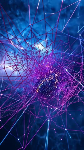 Tilting vertical video revealing purple web rotating with pulsing particle core in nebula