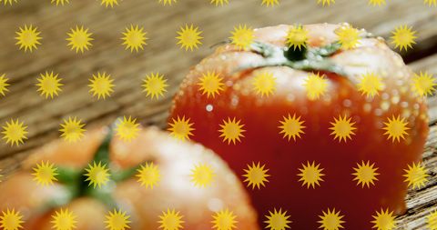 Ripe tomatoes with overlay of sun icons for nutrition concept