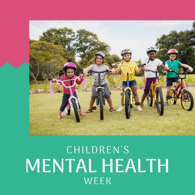 Composition of children's mental health week text and children on bikes. Children's mental health week, childhood and mental health awareness concept digitally generated image.