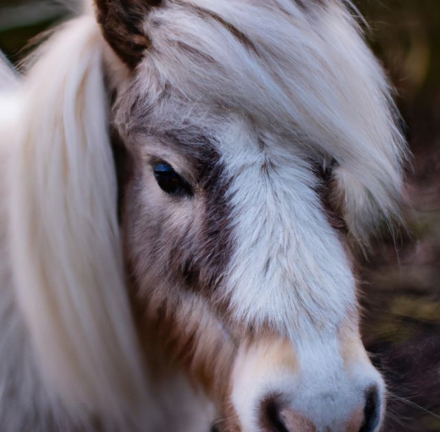 Close up of brown and white pony grazing on meadow. Nature, harmony and animals concept.