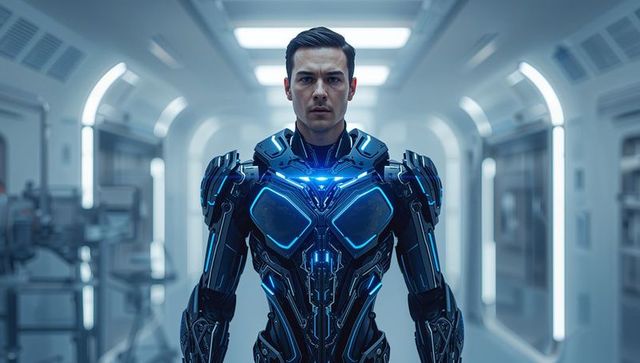 Standing man wearing futuristic powered exoskeleton with blue LED armor in ship corridor