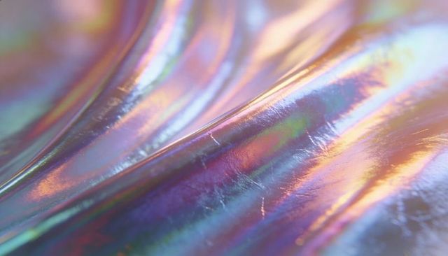 Iridescent holographic film with rippling folds and pearlescent multicolor highlights
