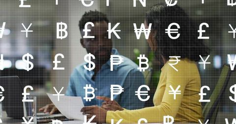 Business Team Discussing Global Currency Exchange with Digital Currency Symbols Overlay