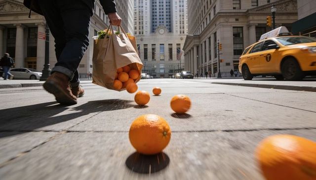 Oranges rolling from spilling grocery bag while shopper walking on urban crosswalk