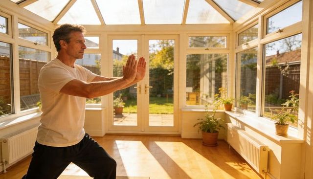 Middle-aged man practicing tai chi in sunlit sunroom creating calm home wellness space