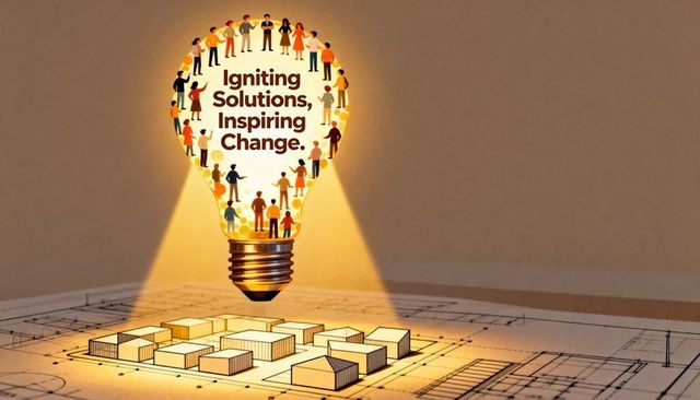 Community lightbulb igniting solutions, inspiring change over architectural blueprint