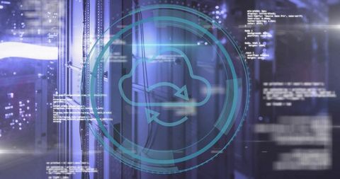 Cloud Sync Technology in Futuristic Data Server Room with Code Overlay