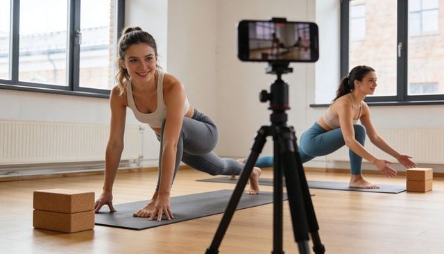 Two women practicing low lunge filming yoga session with smartphone tripod and cork blocks