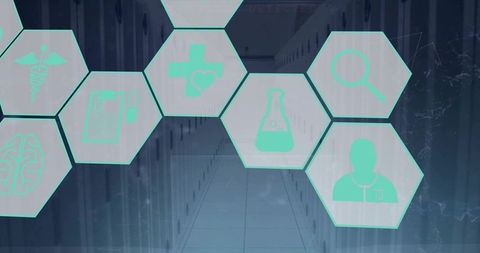Displaying healthcare data interface over server aisle with hexagonal medical icons