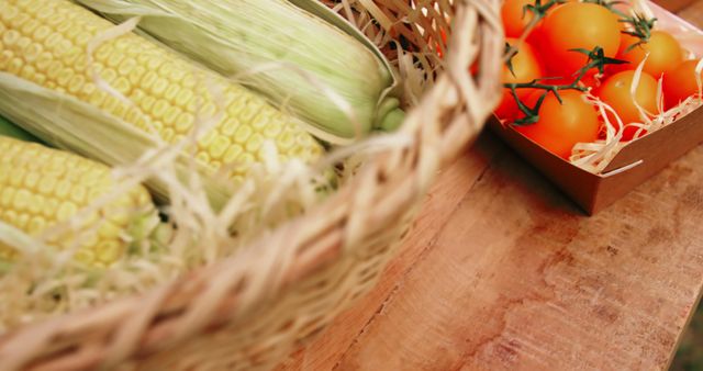 This image features fresh corn in husks and tomatoes on a vine placed in a woven basket on a rustic wooden table. This can be used for themes related to healthy eating, organic farming, fresh produce, summer harvest, farmers markets, and home gardening.