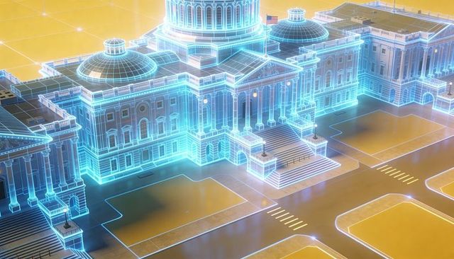 Holographic capitol building wireframe on virtual grid for cybersecurity and civic tech