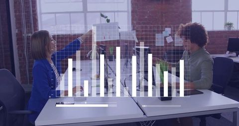 Coworkers Collaborating in loft office with Digital Bar Chart Overlay