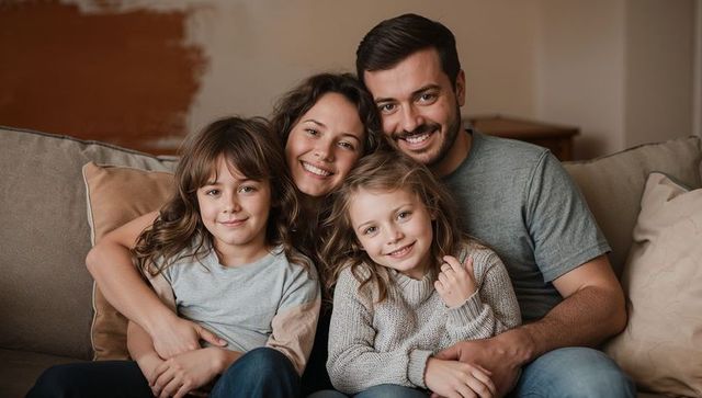 Smiling family of four embracing on sofa, creating cozy home moment for lifestyle projects