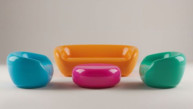 Glossy vibrant modular sofa and chairs set in minimal gray studio - sculptural design