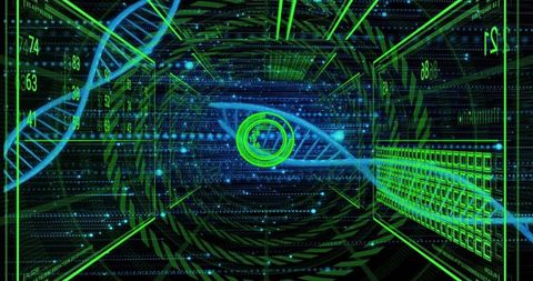 Glowing DNA Helix Spiraling Through Neon Data Tunnel with Holographic Reticle and Streams