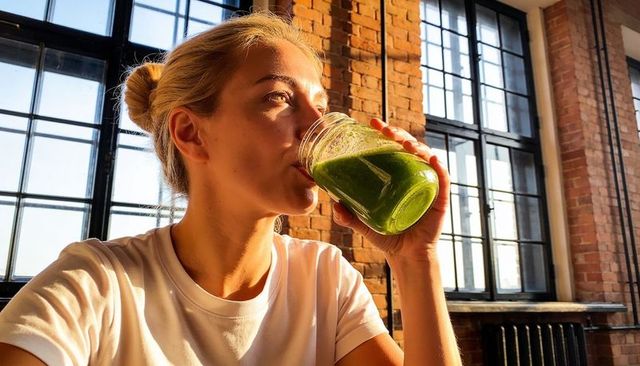 Sunlit woman drinking green smoothie in loft with exposed brick and industrial windows