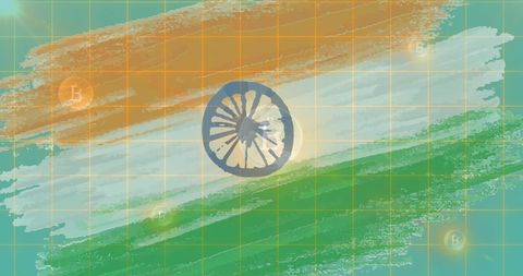 Bitcoin Symbols Flowing Over Indian Flag Brush Strokes