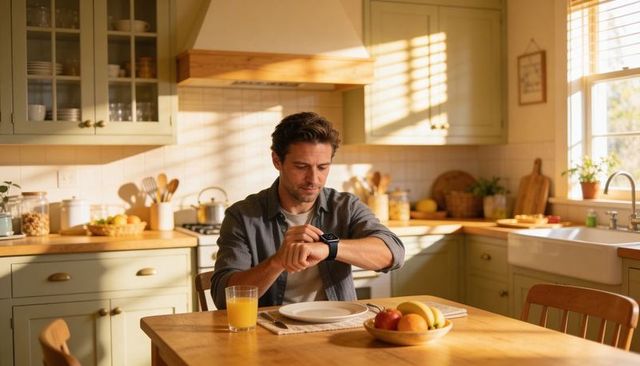 Middle-aged man checking smartwatch at farmhouse breakfast table in sunlit cozy kitchen